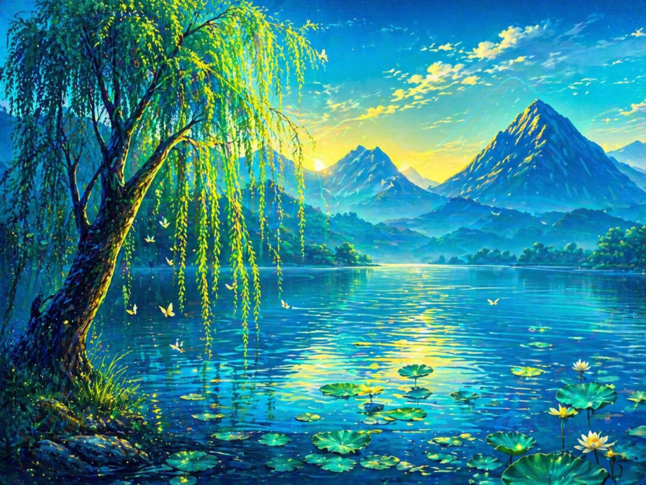 螢光湖畔風景:垂柳、群山與荷葉的當代詩意